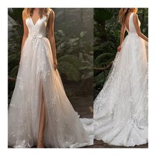 White Wedding Dress   Floor Length Bridal Gown Deep V-Neck V-Back Satin Lace