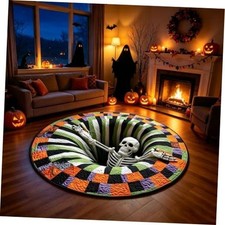 3D Halloween Rug, Spooky Ghost Skeleton 3D Optical Illusion Round Rug