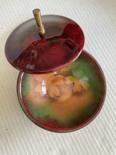 Beautiful Glazed Bowel With Lid Decoration Vtg Cooper Hand Made Glossy Coating - Picture 3 of 7