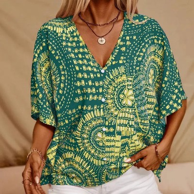 Women s Mandala Print V-Neck Blouse - Batwing Sleeve, Boho Casual Top