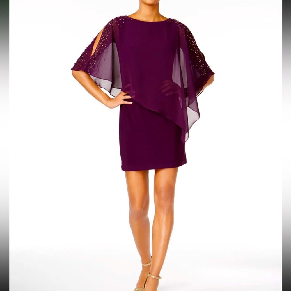 slim fit dress slacks Gothic Blue Sequin Evening Gown with Long Sleeves and Cape Overlay Dress main image 1