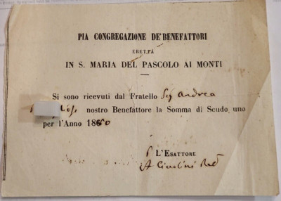 PIA CONGREGATION DE'BENEFACTORI S.MARIA D. PASCOLO in MONTI 1860 PAPAL STATE