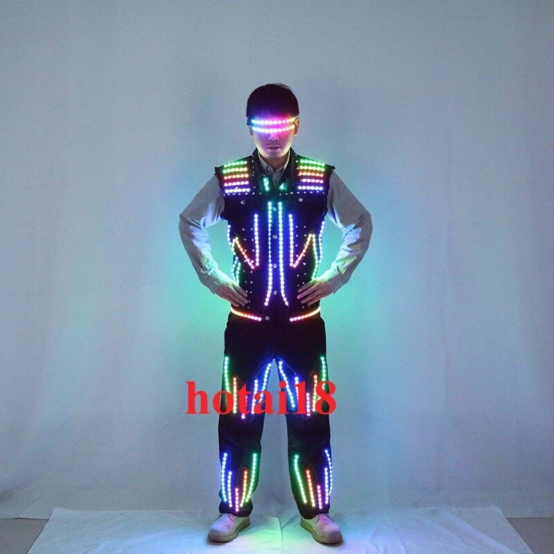 Traje LED Multicolor Disfraz Iluminar Chaleco Pantalones Luminoso Rendimiento Show Set Foto 3 de 4