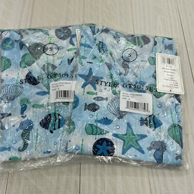 (2) Green Town Ocean Women's 3-Pocket STRETCH V-Neck Print Scrub Top Size S