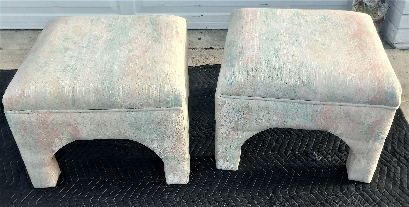 Vintage Mid Century Pair Of Upholstered Square Ottomans Stools Benches