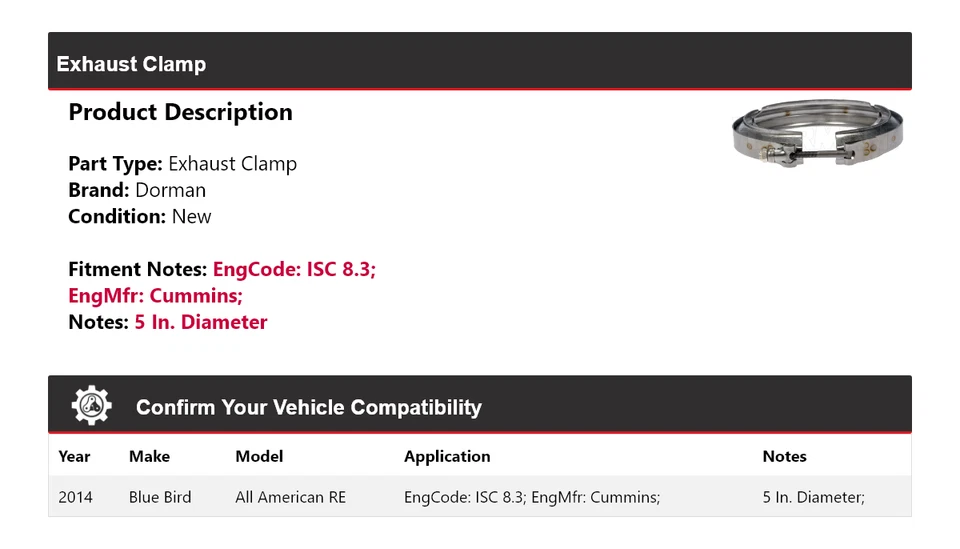 For 2014 Blue Bird All American RE Dorman Exhaust Clamp - Image 2 of 4