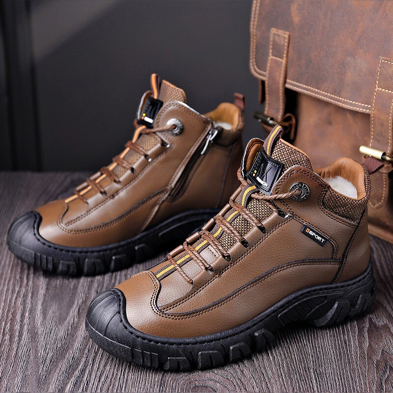 Men s Winter Fashion Lace Up Faux Leather Warm Plush Outdoor Shoes Hiking Boots