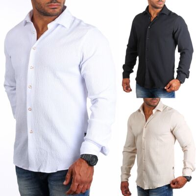 Carisma Herren Uni langarm Hemd trendige Riffel Optik retro Look stretch 8596