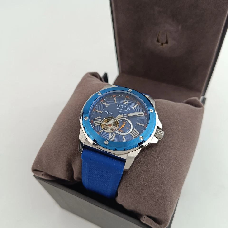 Reloj Bulova Marine Star 98A303 para hombre automático 45 mm esfera azul correa de goma Foto 3 de 4