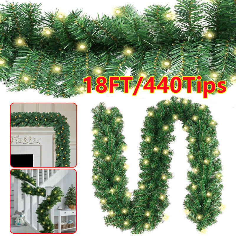 18FT Christmas Garland With Lights For Door Stairs Fireplace Xmas Tree