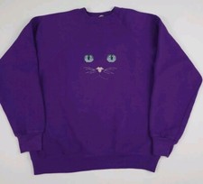 Vintage 80s Cat Face Stitched Embroidered Sweatshirt Vtg Purple Made In USA