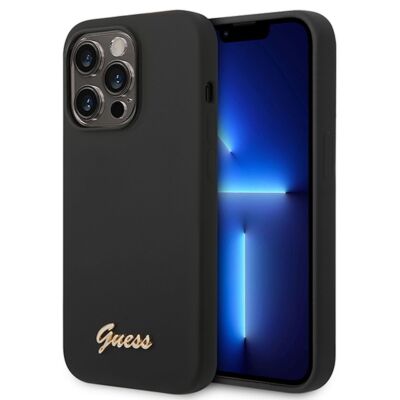 Guess Apple iPhone 14 Pro Hard Case Silicone Vintage Gold Logo Schwarz