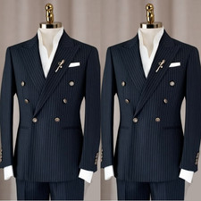 Pinstriped Men Suits Peak Lapel Business Outfits Office Formal Jacket Tuxedo