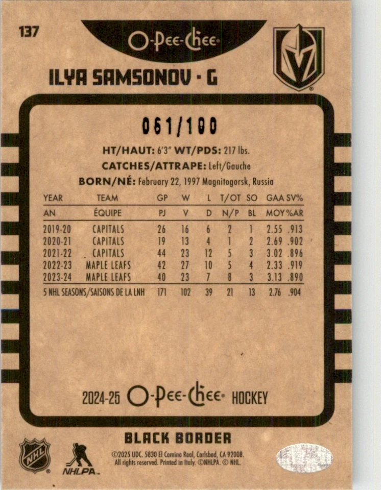 2024-25 O-PEE-CHEE RETRO BLACK ILYA SAMSONOV 061/100 TORONTO MAPLE LEAFS #137 - Image 2 of 2