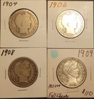 Barber Half Dollar Lot 4 Coins 90% Silver 1904 1906 1908 1909 Full Liberty