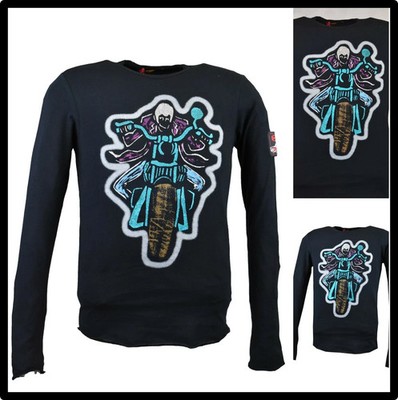 Herren Langarm T Shirt Stretch Shirt Slim Print Baumwolle Schwarz L
