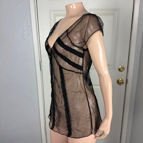 Vintage y2K Lily White Shirt Sheer Nylon Mesh Stripe V neck T-shirt Blouse J3-28 - Picture 3 of 6
