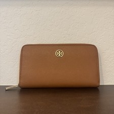 Tory Burch Robinson Saffiano Leather Zip Around Large Wallet Luggage Brown