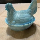 Vintage Blue Slag Glass Hen on Nest Basketweave Covered Dish Oval 6-inch