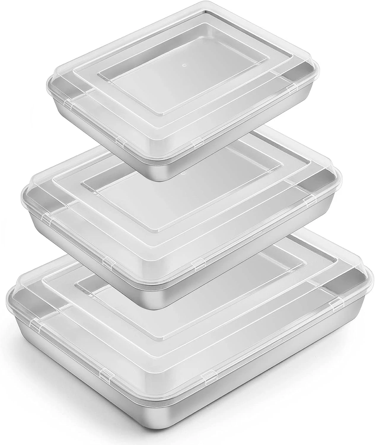 Baking Pan W/ Lid(12.4/10.4/9.4 inch Stainless Steel Rectangular Sheet Cake Pans
