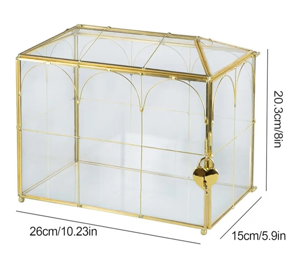 Caja de tarjetas grande dorada y de vidrio con cerradura y ranura para tarjetas de recepción de boda nueva en caja Foto 3 de 4