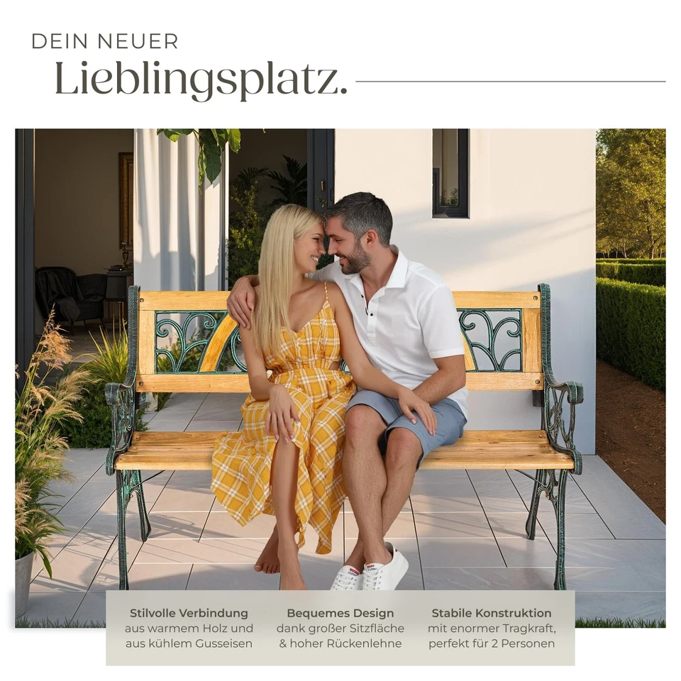 Gartenbank Gartenmöbel Parkbank Sitzbank 2-Sitzer Holz Bank Gusseisen 124x83 cm - Bild 4 von 4