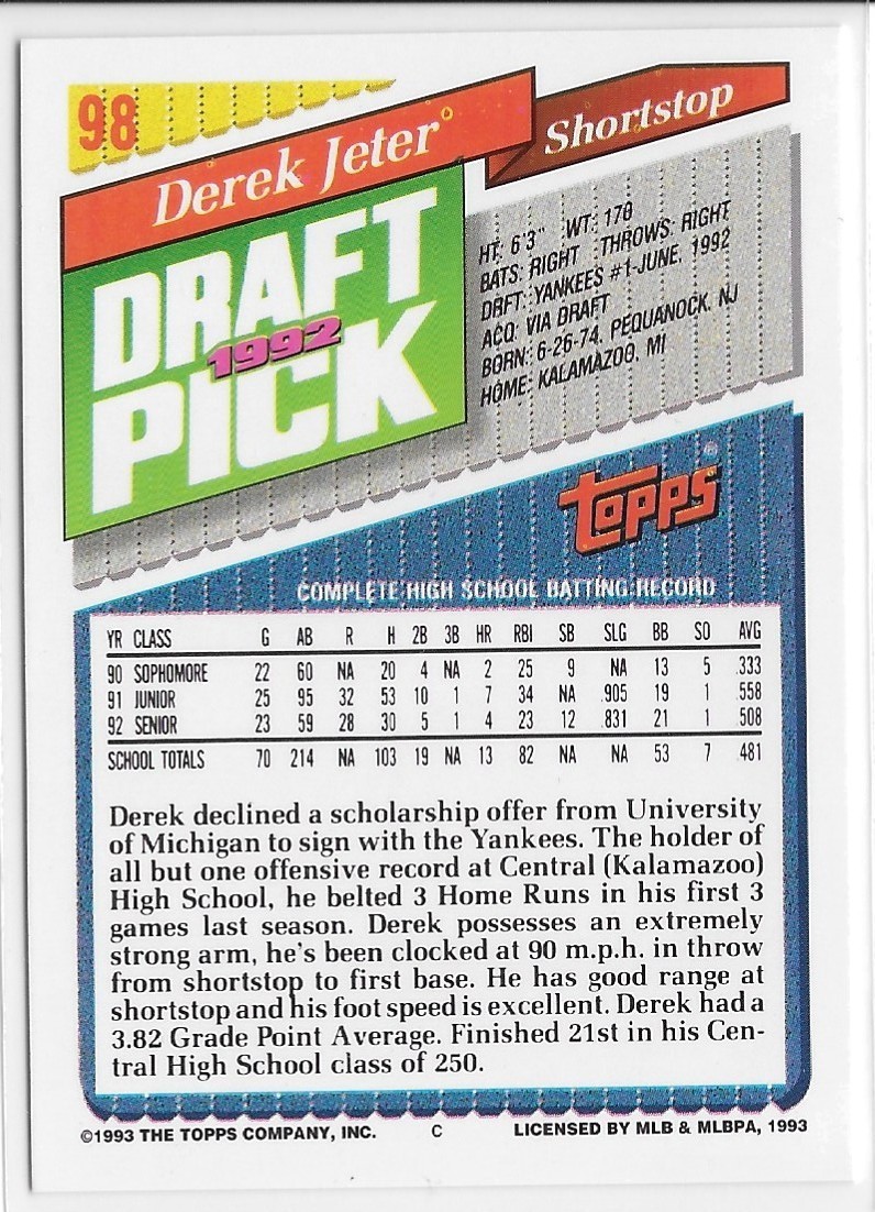 1993 Topps - Derek Jeter #98 (RC) New York Yankees HOFer view 2