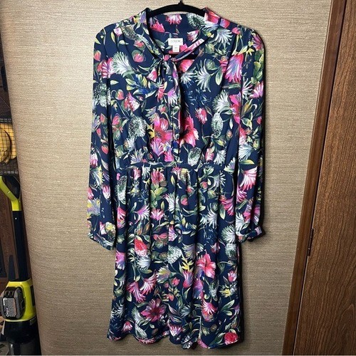 J.crew Factory Vestido Manga Larga Cuello Corbata Azul Marino Rosa Caliente Floral Talla XS - Imagen 12 de 13