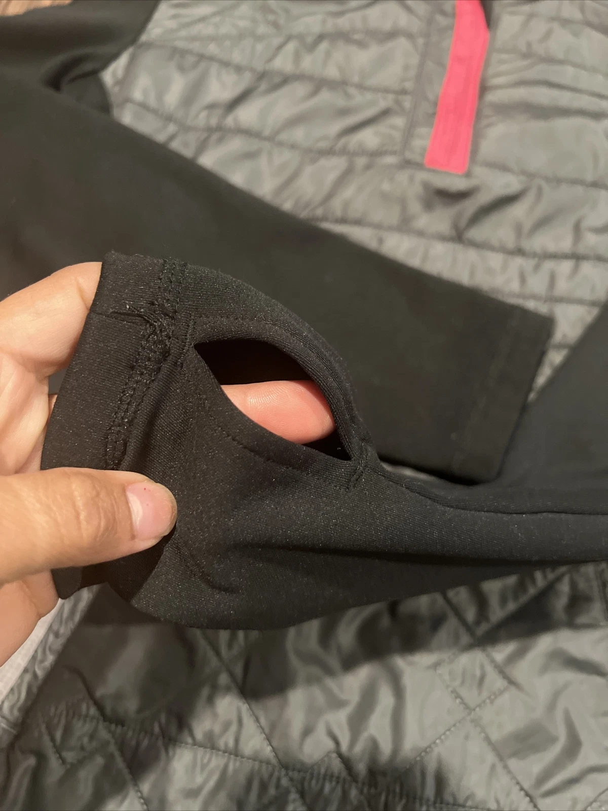 lole 1/4 zip track stretch thumb holes back zip pocket jacket