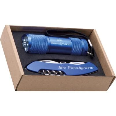 GRAVUR BY LIVEPAC OFFICE Set bestehend aus Taschenlampe und Taschenmesser mit Gravur / Farbe: blau