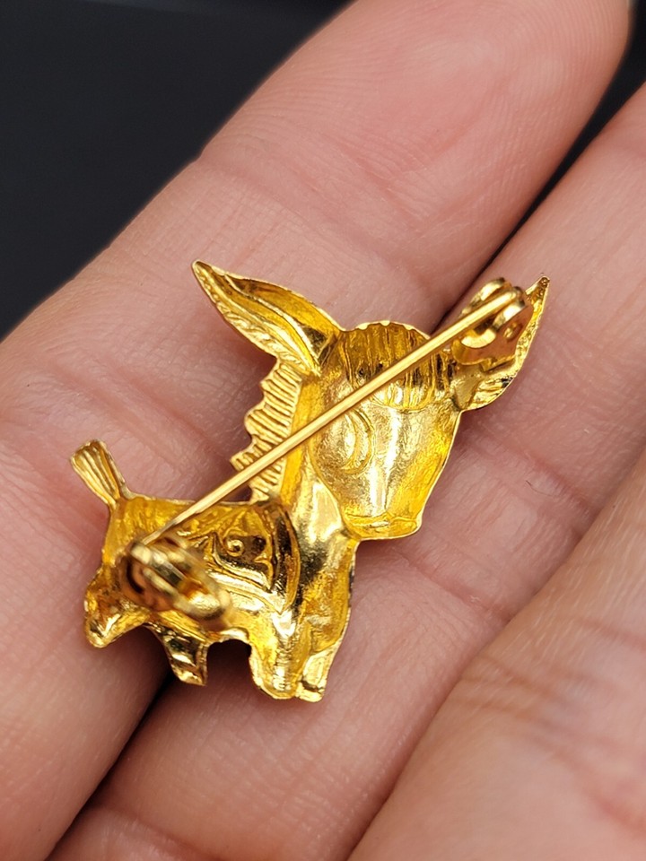 Vintage Damascene Donkey Brooch Pin Spanish Gold Tone Toledo Black Mule