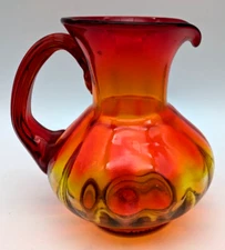 Blenko Hand Blown Art Glass Amberina Orange & Yellow Pitcher Ribbed Handle