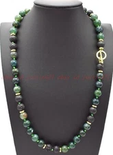 Natural 8mm Green Moose Agate & Black Lava Rock Round Gems Beads Necklace 16-36"
