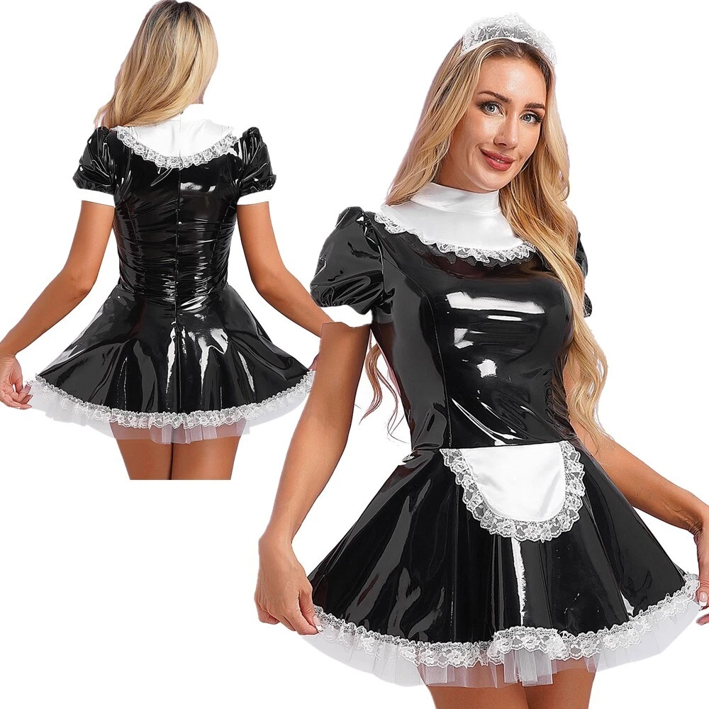 VALENTINO Abito donna grembiule da cameriera pelle pu costume cosplay Halloween set lingerie