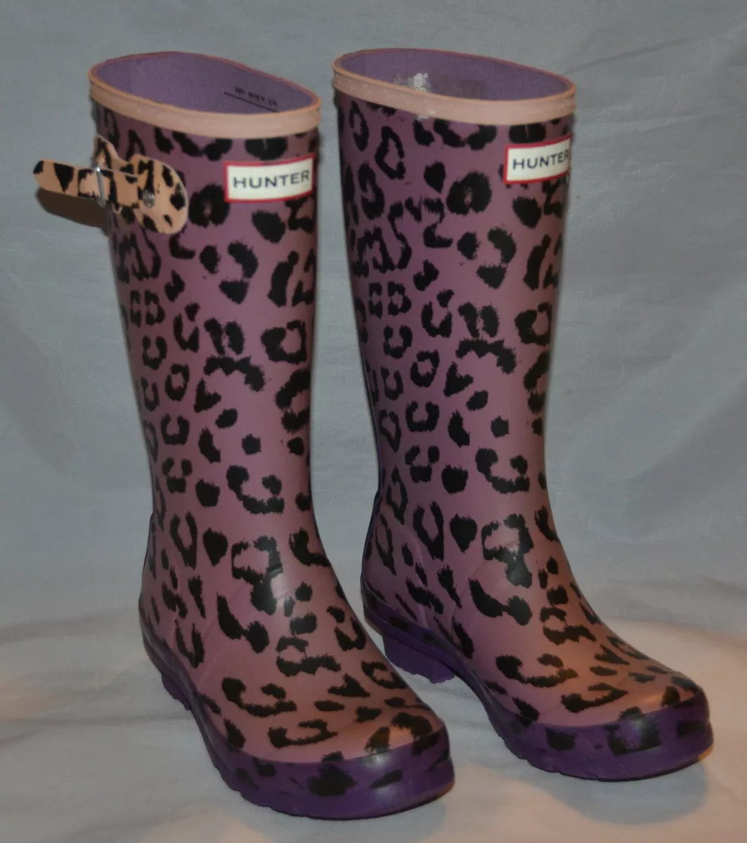 Gently Used Big Kids HUNTER Rain Rubber Boots Purple Pink Cheetah