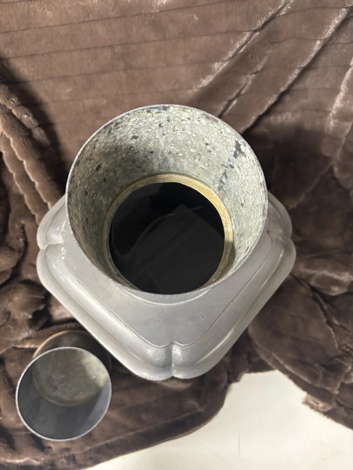 Antique Hong Kong Chinese Pewter Tea Canister Jar Engraved Flowers Brass - Image 3 of 4