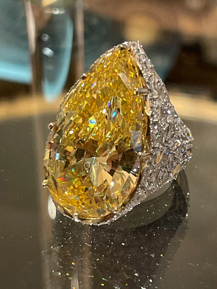 Pear Yellow Citrine & Marquise Simulated Sapphire Heavy Luxury Wedding Lady Ring - Image 2 of 4