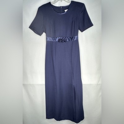 Vintage Miss Dorby Navy Blue Midi Dress Empire Waist Front Slit Roses Sz 10