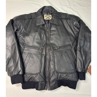 Phase 2 Mens Black Leather Bomber Jacket Flight Aviator Coat Large 0128 RM