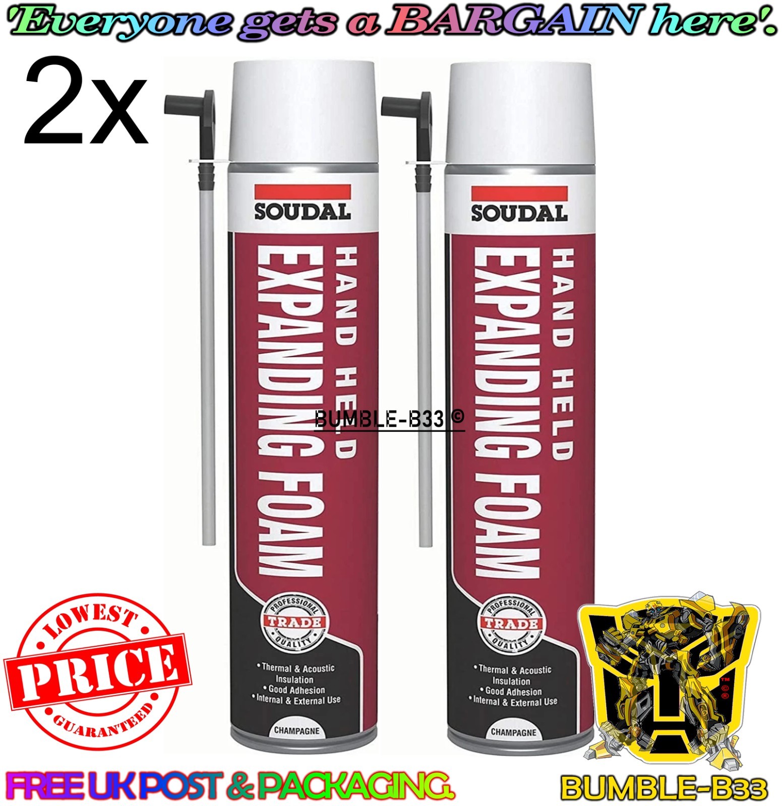 2 x Soudal Handheld Trade Expanding Gap Filler Foam, Champagne, 750ML
