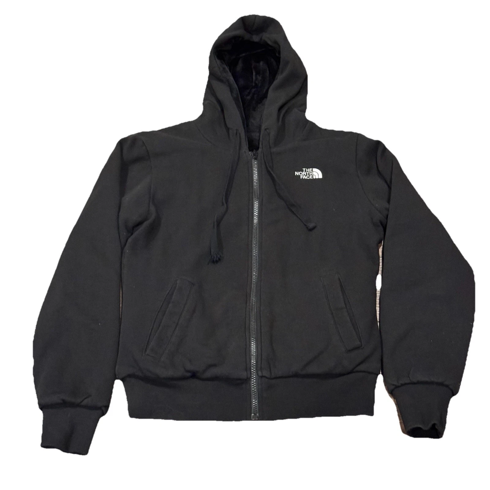 The North Face Women Small Black Full Zip Reversible Hoodie Jacket Pocket Velour