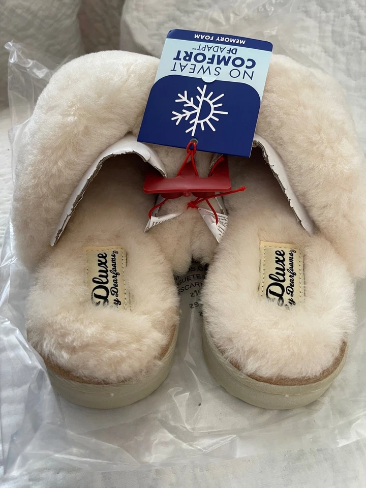 Dluxe by Dearfoam Cream Genuine Shearling Criss Cross Top Slide On Slippers - Image 4 of 4