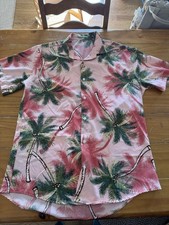 Pink Tropical Palm Tree Floral Short Sleeve Button-Up Shirt Hawaiian Beach