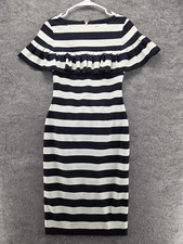 Eliza J Dress Womens 2 Navy White Stripe Ruffle Sheath Off Shoulder Knee Length