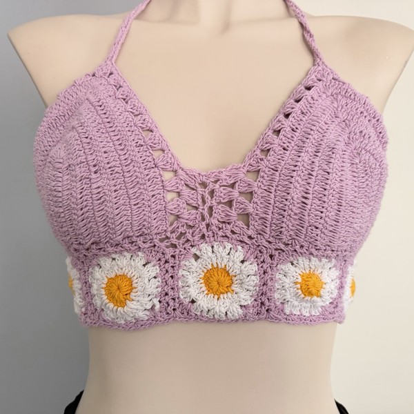 Crochet Daisy Flower Crop Top Sz M-L Halter Tie Up Boho Bralette Beach Knit