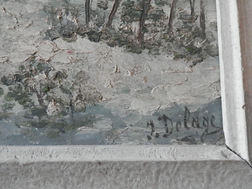 tableau huile sur panneau, paysage Alsace sous la neige Signé J.DELAGE - Photo 3/4