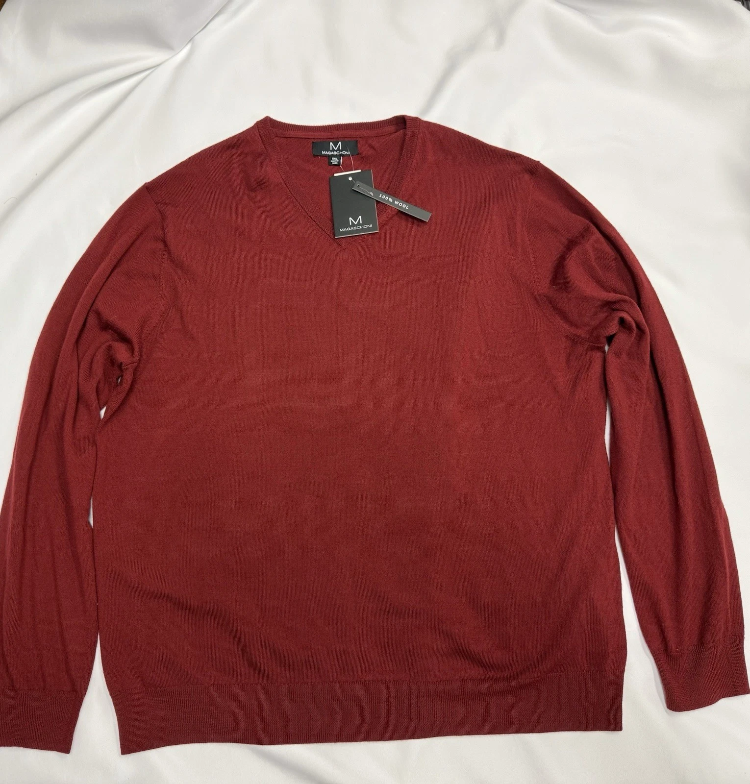 Magaschoni Burgundy Red Men’s 100% Wool V-Neck Pullover Sweater XXL NEW
