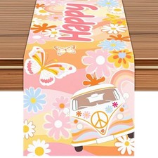 Happy Birthday Table Runner, Flowers Butterflies Sun Design with Peace Signs,