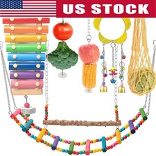 7PCS Chewing Training Toy with Wooden Hanging Feeder Rooster Hen Chick Toys