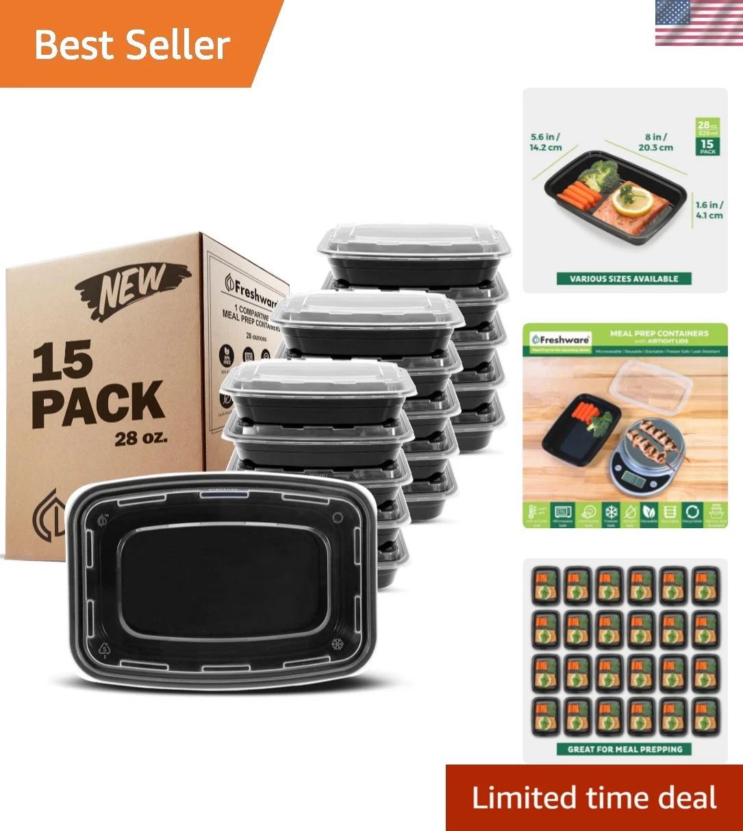 Meal Prep Containers 15 Count Pack of 1 Compartment Food Storage Containers w...